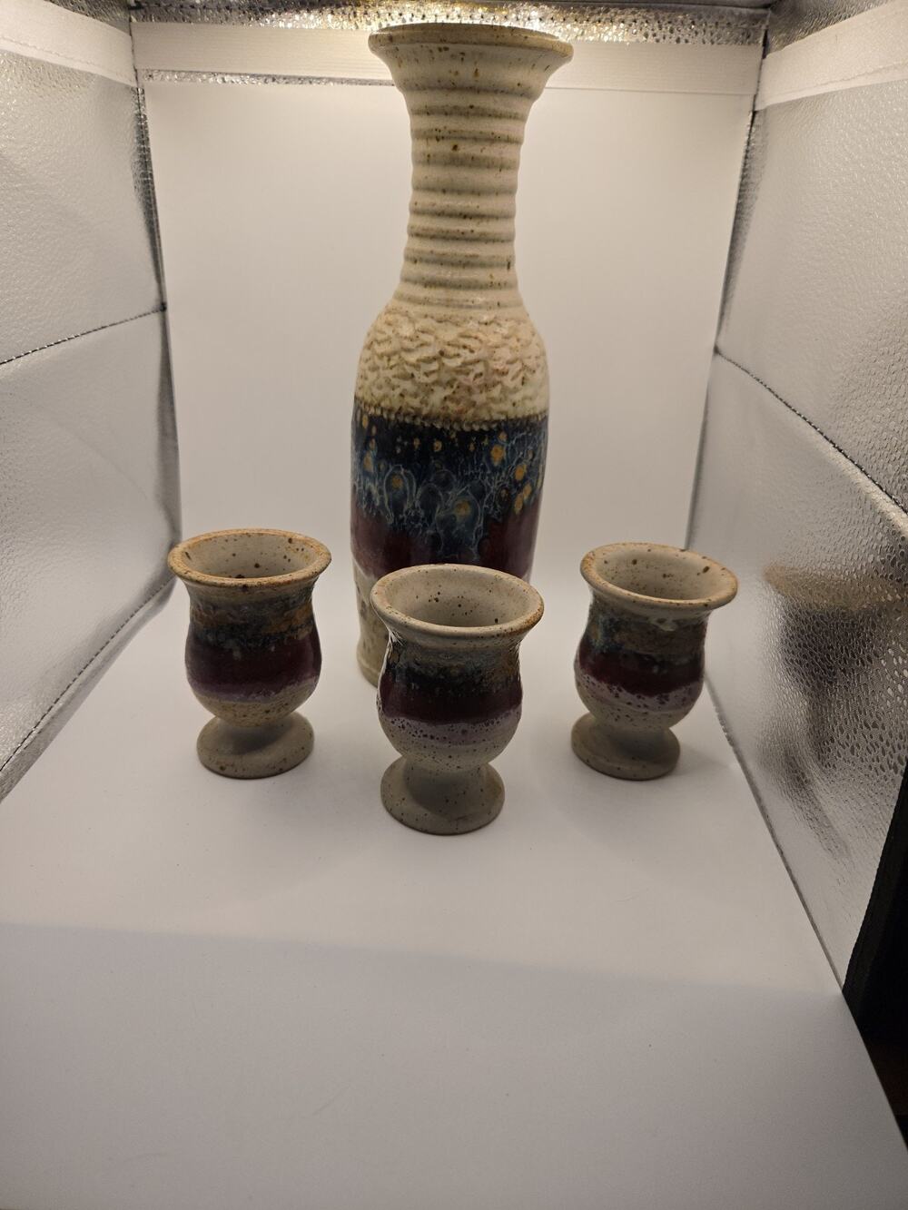 Leon Kula Studio Pottery Decanter Set w 3 Goblets Signed Drip Glaze Stoneware